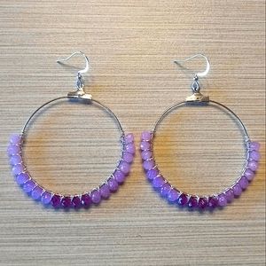 Purple ombre bead wire wrapped silver hoop earrings